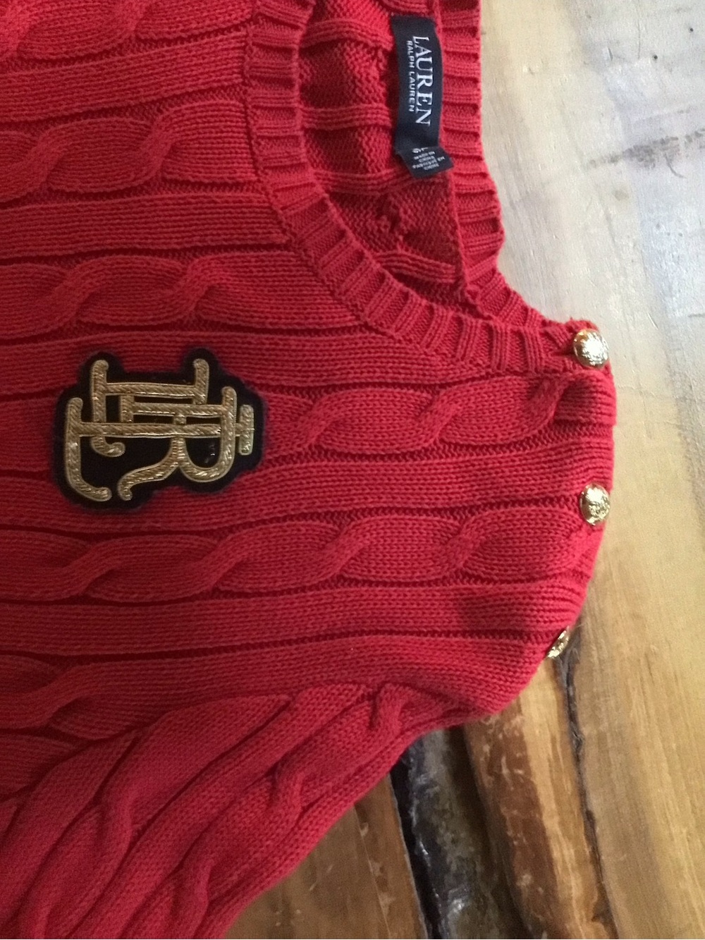 Lauren Ralph Lauren Red Cable-Knit Crewneck Sweater with Gold Crest